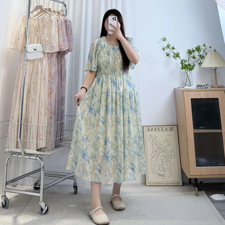 显白减龄【海岛晴风】气质温柔大码胖mm高腰显瘦柔软皱皱格碎花裙