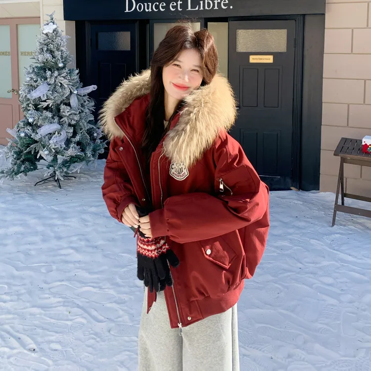 赵露思同款红色真毛领秋冬派克羽绒服女2025小个子保暖白鸭绒外套