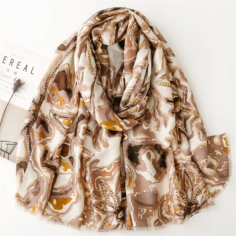 欧美出口秋冬新款棉麻手感围巾烫金波纹几何花卉丝巾保暖披肩女士