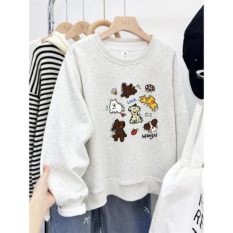 趣味小狗圆领正肩卫衣女装大码宽松休闲百搭秋冬新款长袖无帽上衣