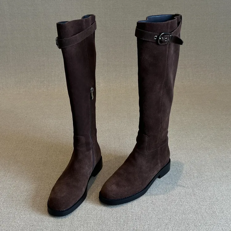 羊皮版~2025新款法式洋气圆头银扣绒面高筒长靴女真皮粗跟骑士靴