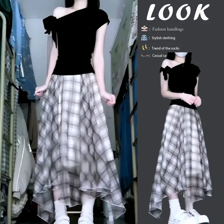 2025夏季新款女韩系气质修身蝴蝶结露肩上衣不规则高腰格纹半身裙