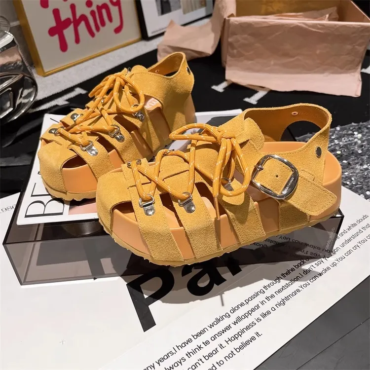 欧货夏季大头时尚编制复古绑带猪笼鞋厚底松糕勃肯鞋罗马凉鞋女鞋