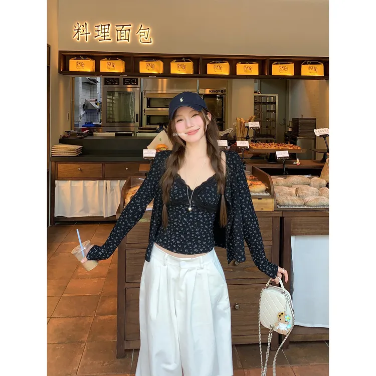 实价实拍 蕾丝碎花吊带背心长袖开衫套装早秋修身显瘦两件套女