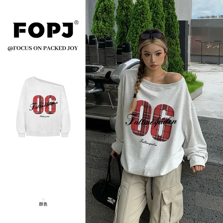 FOPJ春秋新款辣妹慵懒感一字肩斜肩卫衣女设计感宽松百搭露肩上衣