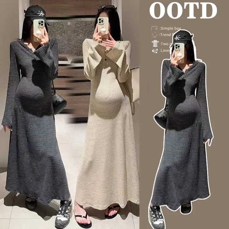 网红秋季孕妇装时髦洋气秋冬孕妇穿搭慵懒风连帽遮肚条纹拖地长裙