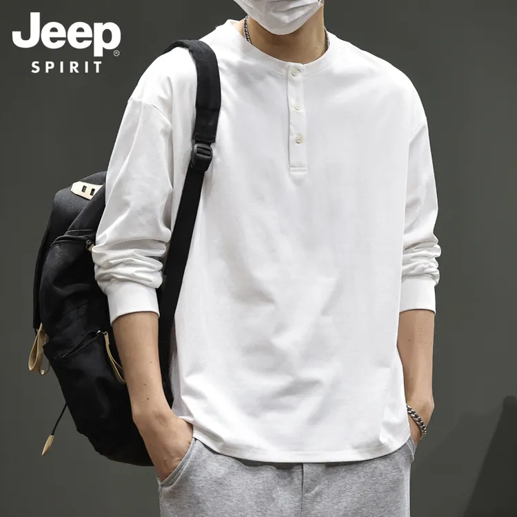 JEEPSPIRIT吉普半开领长袖T恤男款宽松简约百搭男士上衣男春秋款