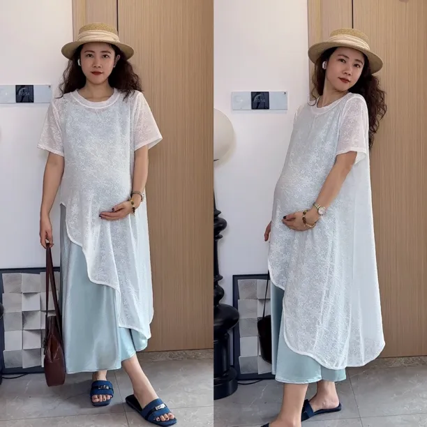 梨形身材穿的孕妇装夏季两件套设计感不规则蕾丝衫吊带裙两件套