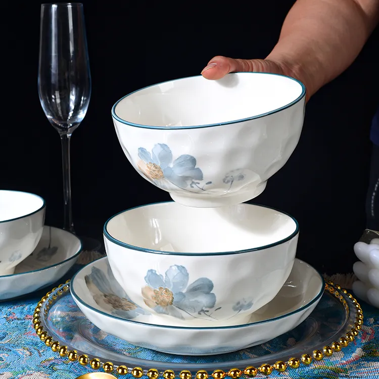 兰花花6英寸6个装碗手捏纹陶瓷面碗加厚面碗家用釉下彩碗盘餐具