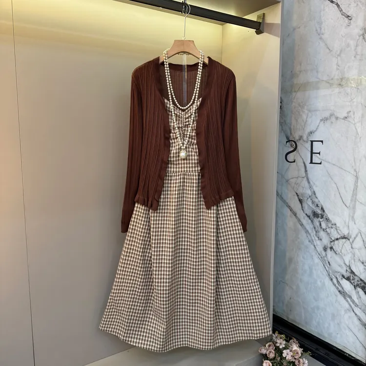 早秋款格子抹胸设计减龄赫本风法式甜美减龄百搭外搭套装88377