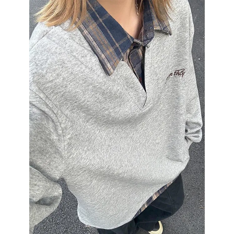 假两件拼接衬衫领卫衣男女款秋季美式复古学院风上衣格子情侣外套