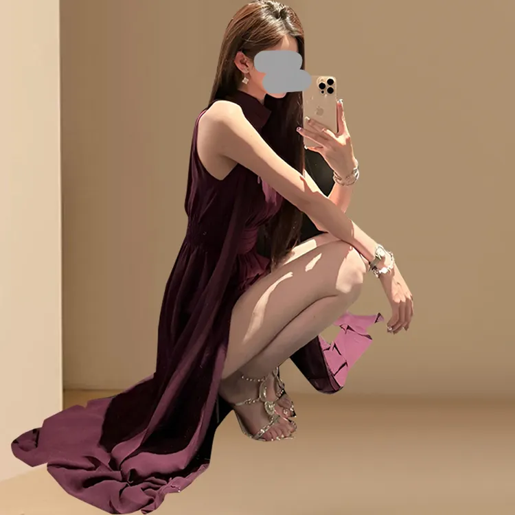 纯欲辣妹紫色无袖挂脖连衣裙女2025夏季设计感收腰显瘦度假风长裙