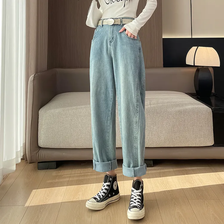 哈伦牛仔裤女2025年春季新款高腰显瘦休闲九分大码宽松弹力弯刀裤