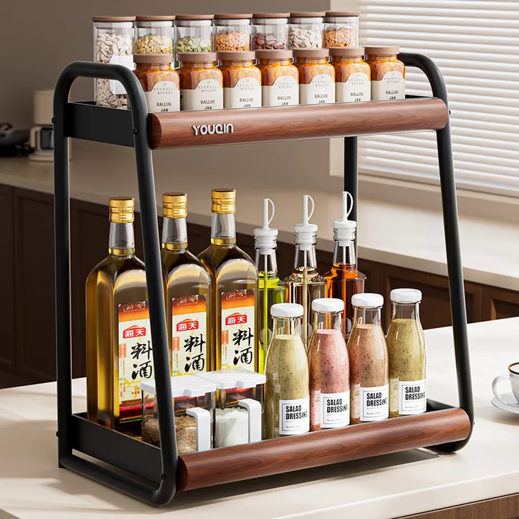 调料品置物架中古风多功能厨房台面调料罐调味料瓶转角多层收纳架