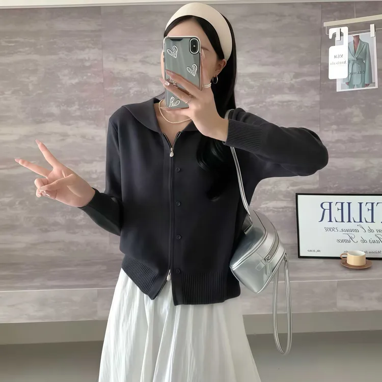 韩版气质双拉链针织开衫女秋季简约百搭小衫外套洋气减龄显瘦上衣