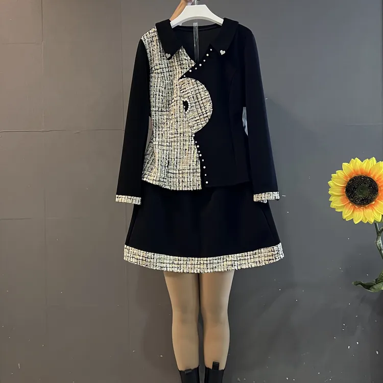 法式小香风翻领拼接重工AB版显瘦上衣➕半身裙时尚气质两件套