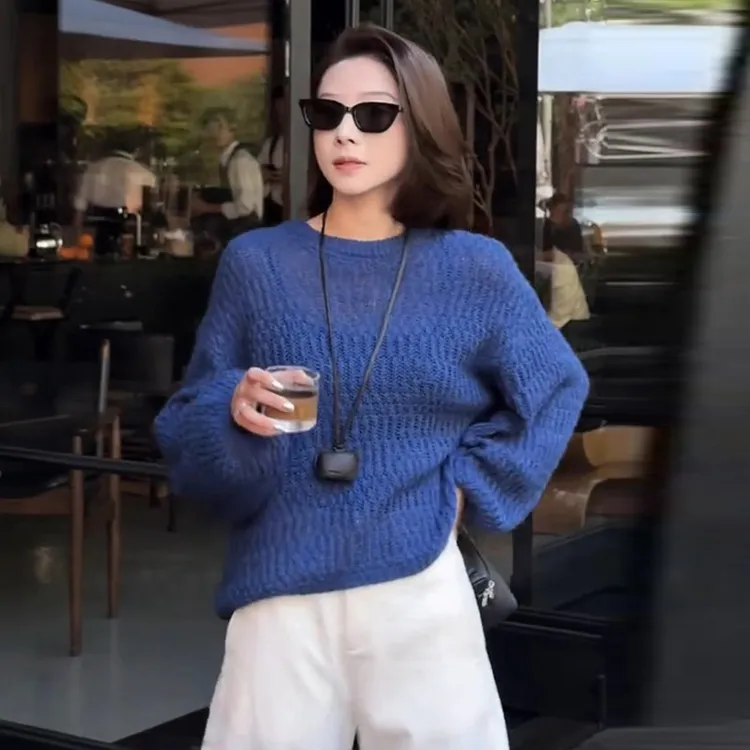 复古蓝色镂空慵懒风长袖针织衫女2025早秋新款宽松设计感防晒上衣