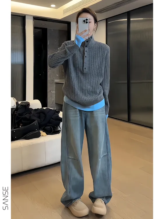 韩系搭配一整套冬装设计感假两件高领针织毛衣牛仔阔腿裤套装