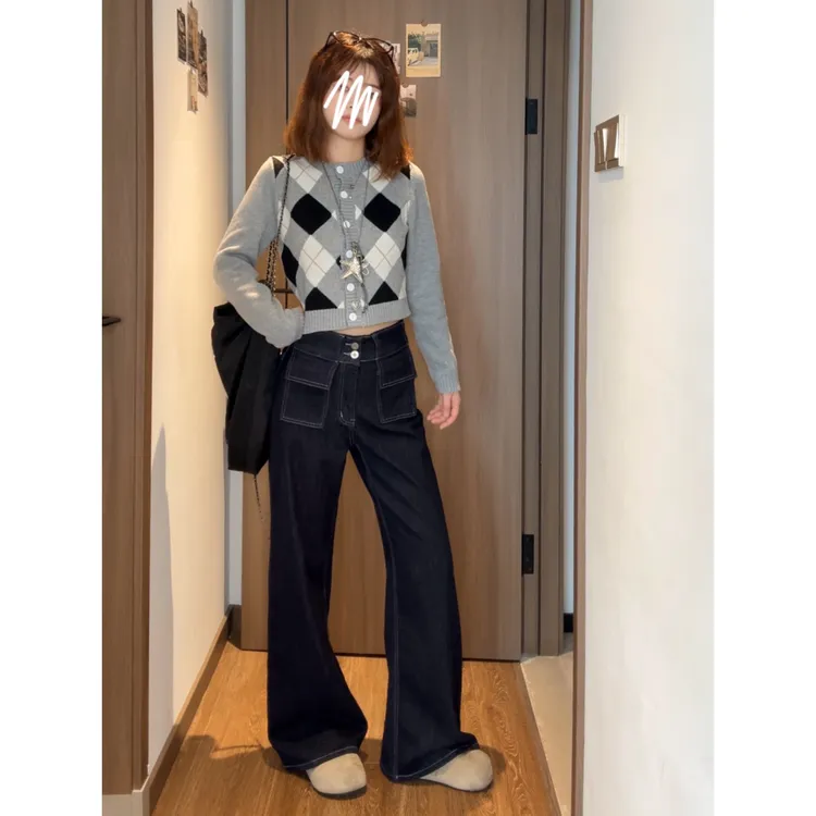 丹宁蓝宽松阔腿牛仔裤女2025秋季新款垂感慵懒休闲直筒拖地长裤子