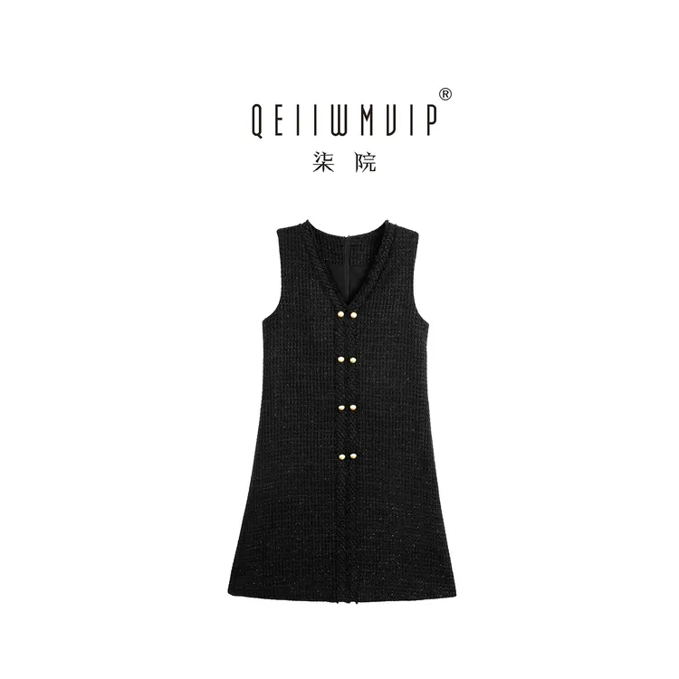 QEIIWMVIP/柒院冬季无袖双排扣V领百搭背心连衣裙7587