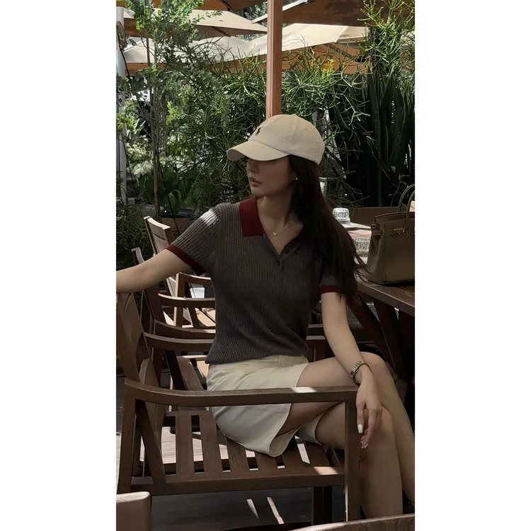 【半夏信物】“亚麻+天丝”老钱撞色拼接POLO领透气舒适短袖上衣95032