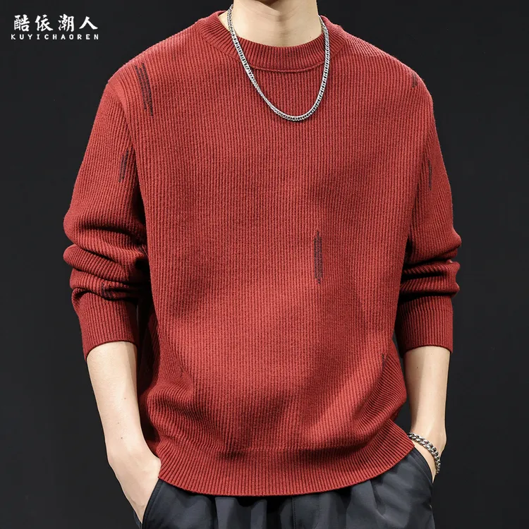 挑纱针织衫简约2025新款圆领休闲毛衣男秋冬大码高端新年红色衣服