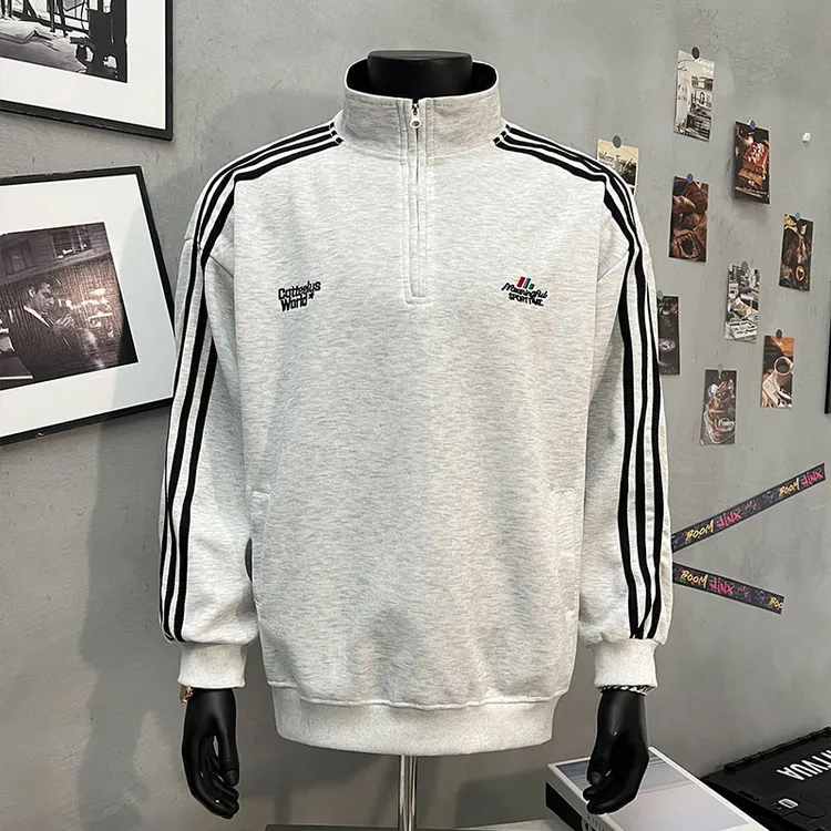 美式条纹三杆重磅半拉链卫衣男秋新款宽松刺绣运动立领机车风外套