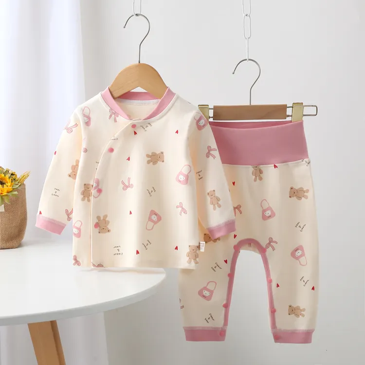 新生儿高腰护肚分体套装婴儿纯棉衣服男女宝宝无骨免脱春秋两件套