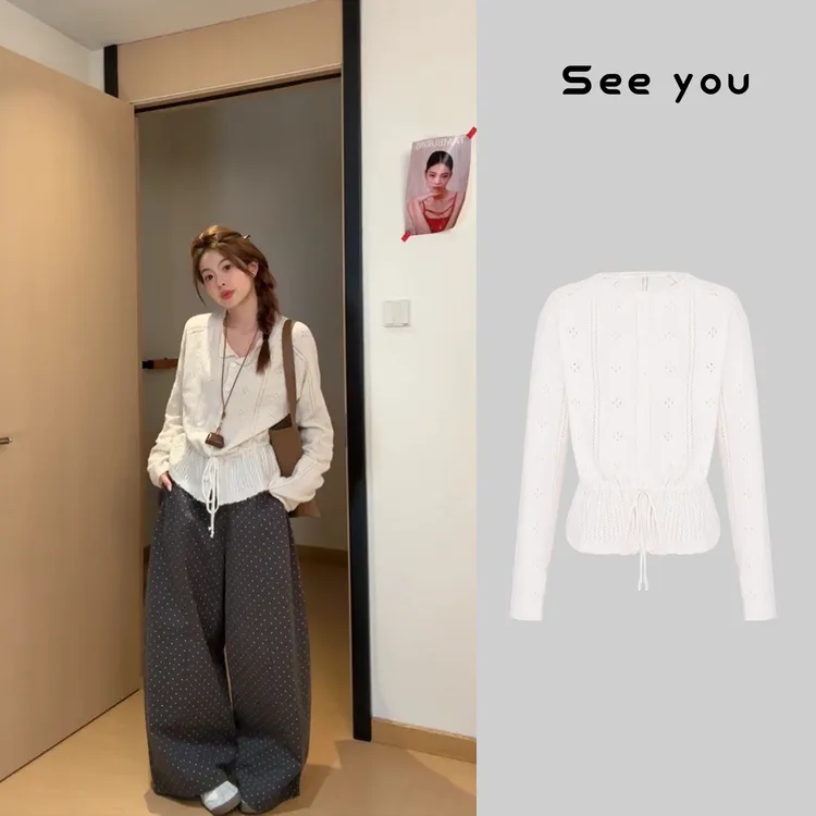 淡颜系秋季奶油设计感收腰绑带针织上衣镂空衫L1701