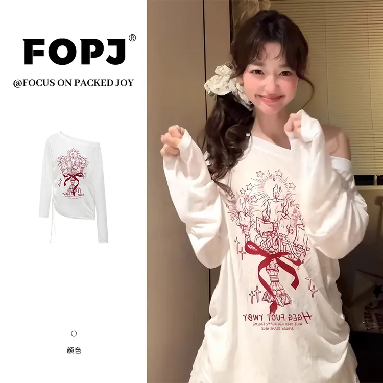 FOPJ夏季新款百搭长袖t恤女涂鸦斜肩慵懒风防晒罩衫薄款宽松上衣