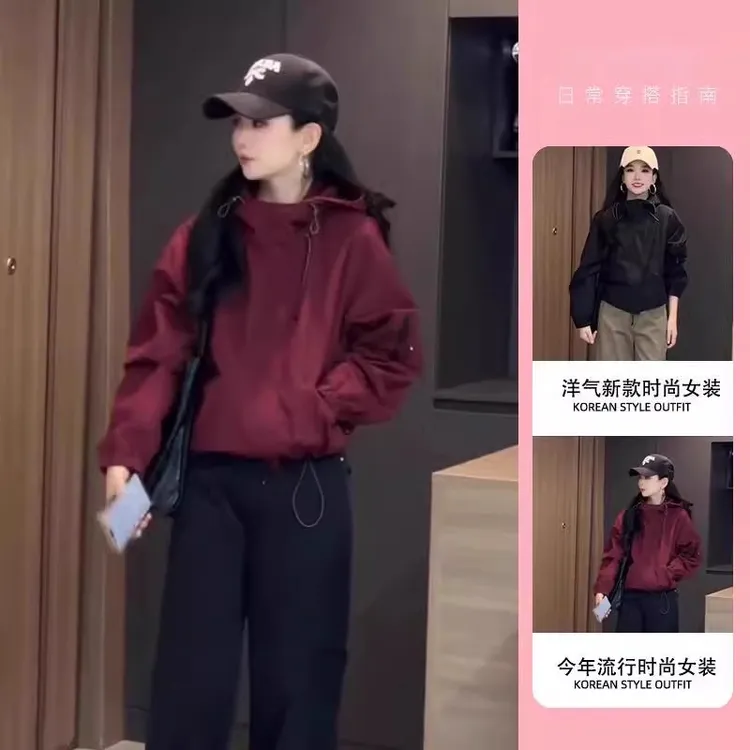 安可拉红冲锋衣短外套女春秋款韩系时尚休闲运动连帽夹克上衣开衫