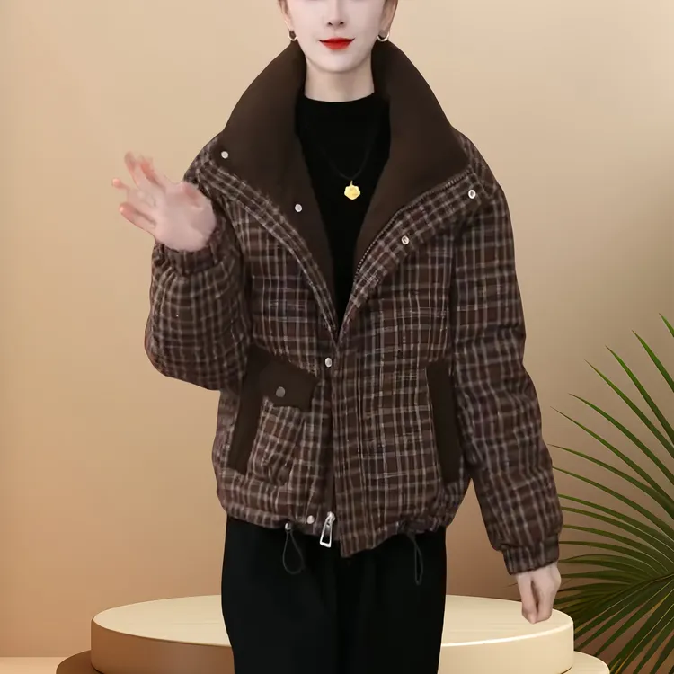 时尚格子棉服女2025年冬季新款宽松显瘦休闲百搭加厚保暖棉衣外套