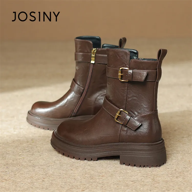 卓诗尼棕色短靴女25新款秋冬配裙子西部牛仔靴粗跟增高百搭靴子XX