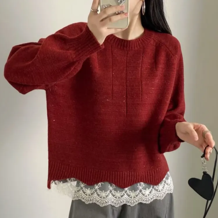 韩系氛围感蕾丝毛衣女秋冬设计感韩版宽松显瘦圆领针织衫打底衫