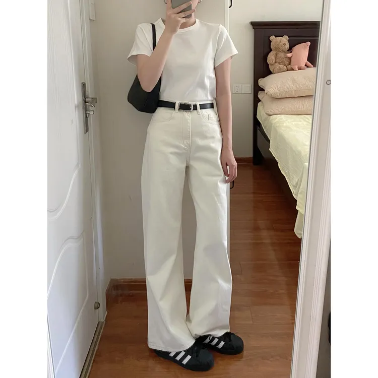 原创白色直筒牛仔裤女夏季2025年早秋季高腰显瘦垂感窄版阔腿裤子