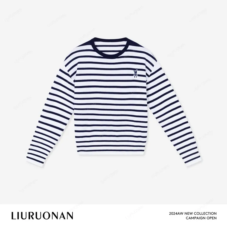LIURUONAN 24AW 用心倒立小狗海军条纹T秋冬新款长袖套头毛衣女