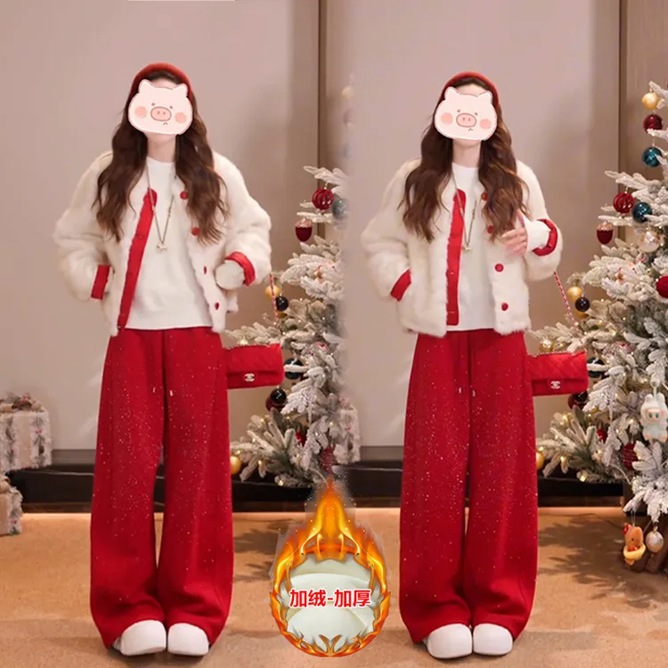 冬季大方得体 穿搭一整套短款毛茸茸外套搭配加绒休闲裤两件套女