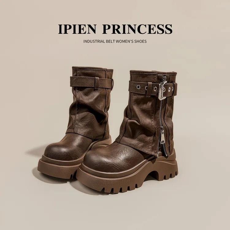 美拉德厚底黑色裤管靴子女短靴2025新款感炸街做旧复古英伦马丁靴