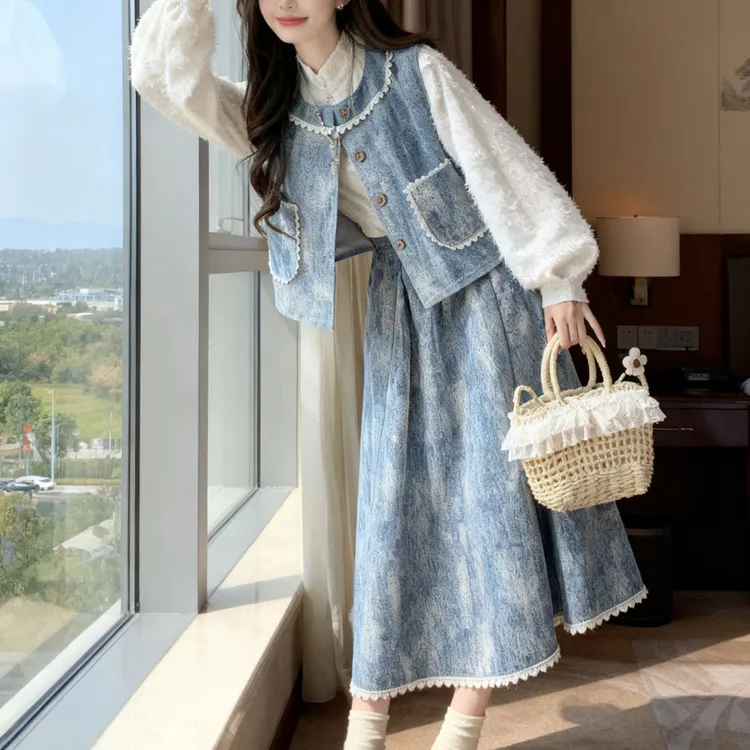 可内搭可外穿套装复古刺绣背心马甲百搭长袖衬衫半身裙女套装秋冬