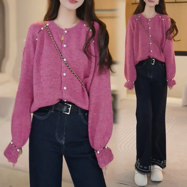 法式温柔风圆领针织开衫女秋冬季新款宽松慵懒风软糯百搭毛衣外套