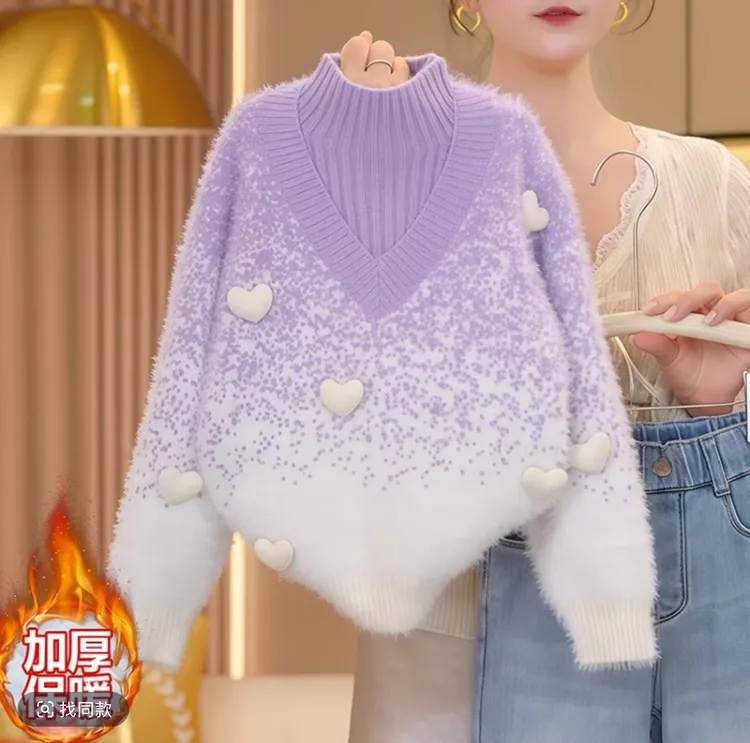 水貂绒假两件女童爱心加厚毛衣