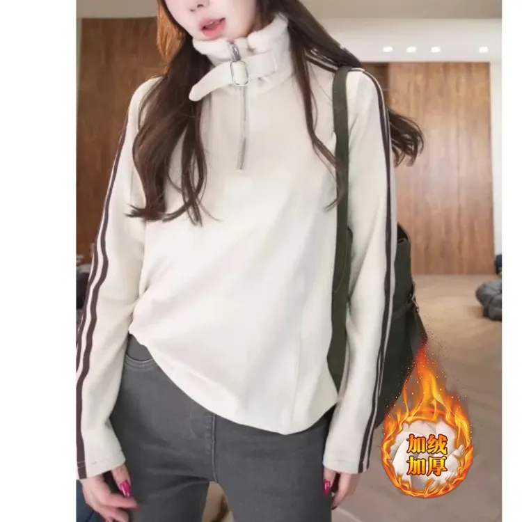 红色半拉链卫衣女士2025秋冬新款宽松显瘦颗粒绒加厚立领打底上衣