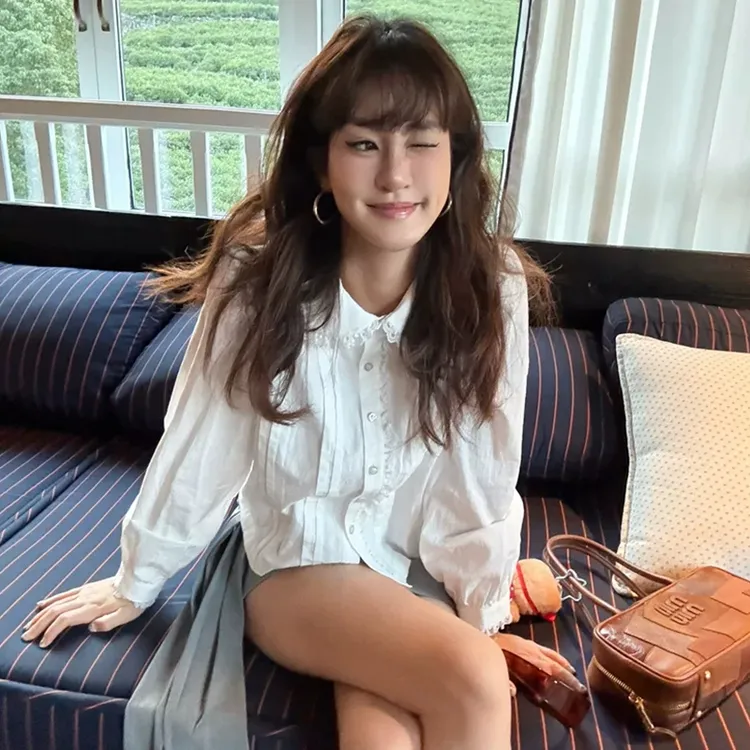 温柔风纯棉蕾丝娃娃领泡泡袖衬衫女秋季新款甜美长袖衬衣短款上衣