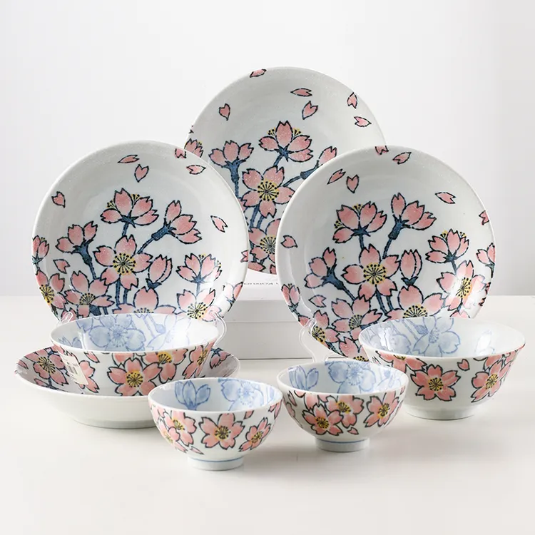 【达人专享】日本进口碗盘套装双田樱系列8件套釉下彩