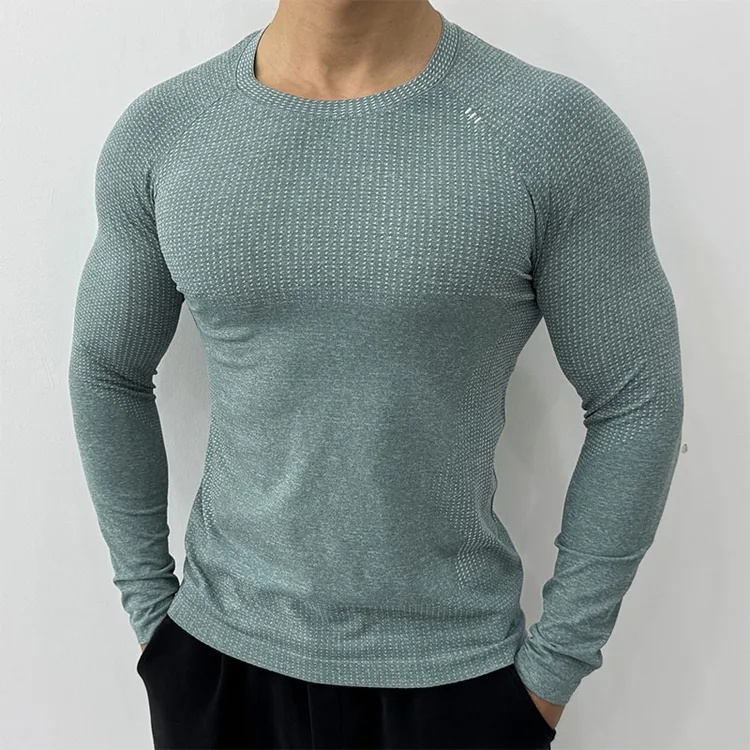 无缝提花长袖男弹力速干运动T恤秋冬季跑步健身训练服修身打底衫