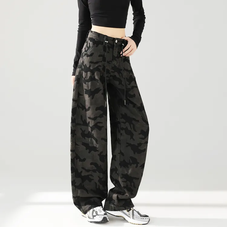 美式迷彩阔腿牛仔裤女2025新款秋冬高腰宽松显瘦工装裤弯刀直筒裤