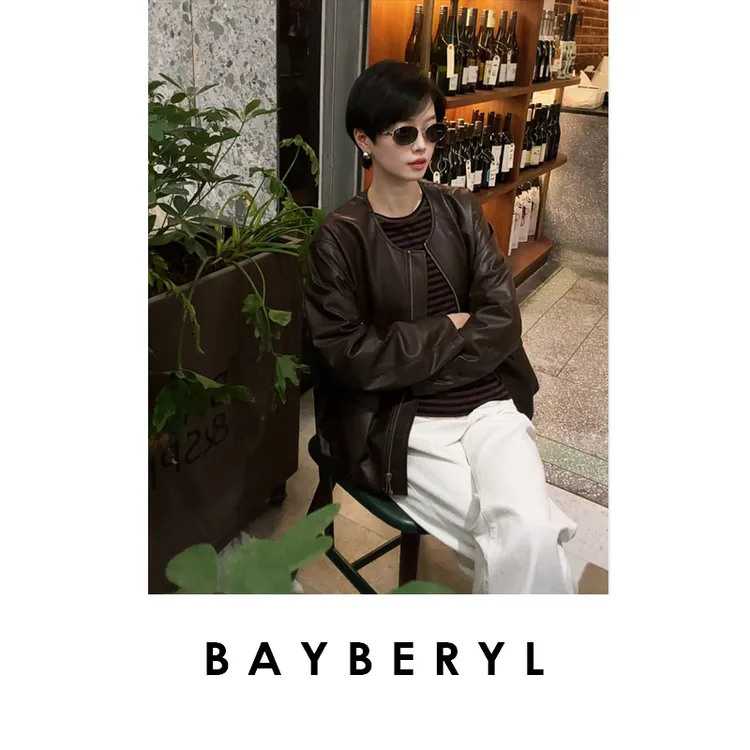 BAYBERYL老贝花苞*圆领双口袋拉链廓形时尚25秋皮衣PY5I1804-9/20