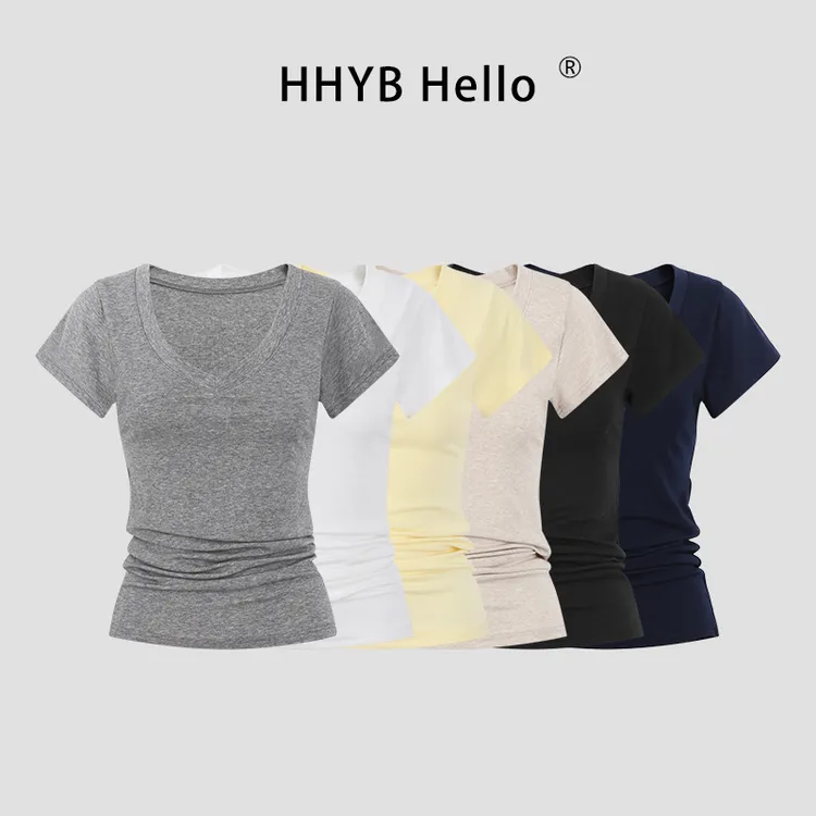 HHYB Hello【YD】韩系V领小飞袖堆堆收褶T恤2025夏季百搭上衣250357