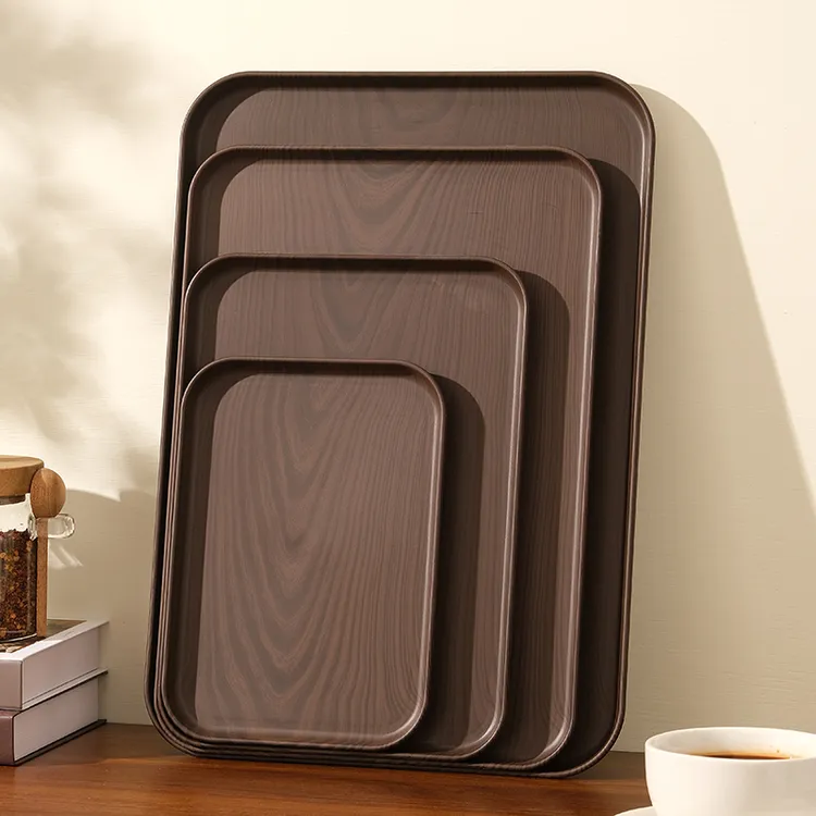 2025新款仿木纹长方形塑料托盘家用茶杯茶盘放杯子托盘咖啡厅餐盘