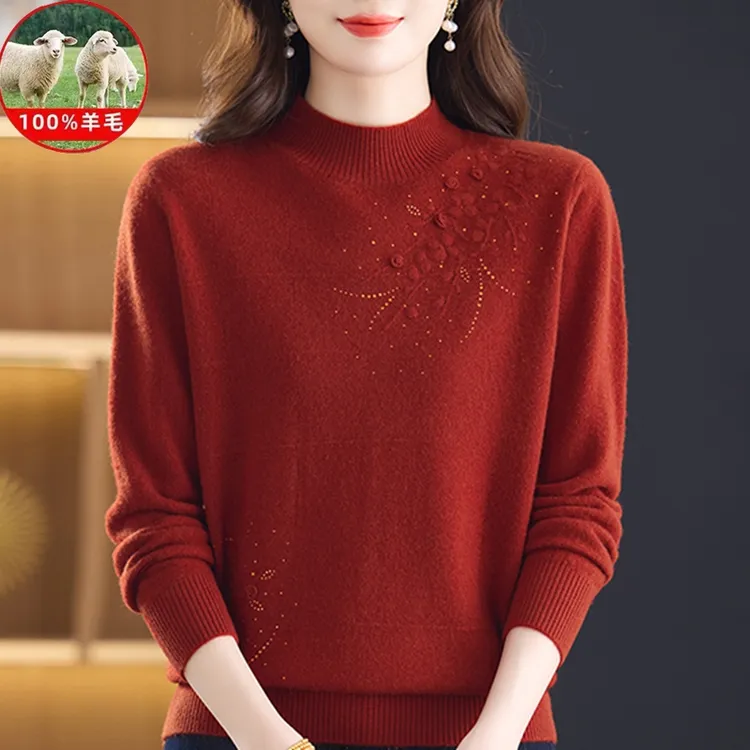 2025秋冬新款中年女装100%绵羊毛秋冬妈妈装百搭针织衫半高领毛衣